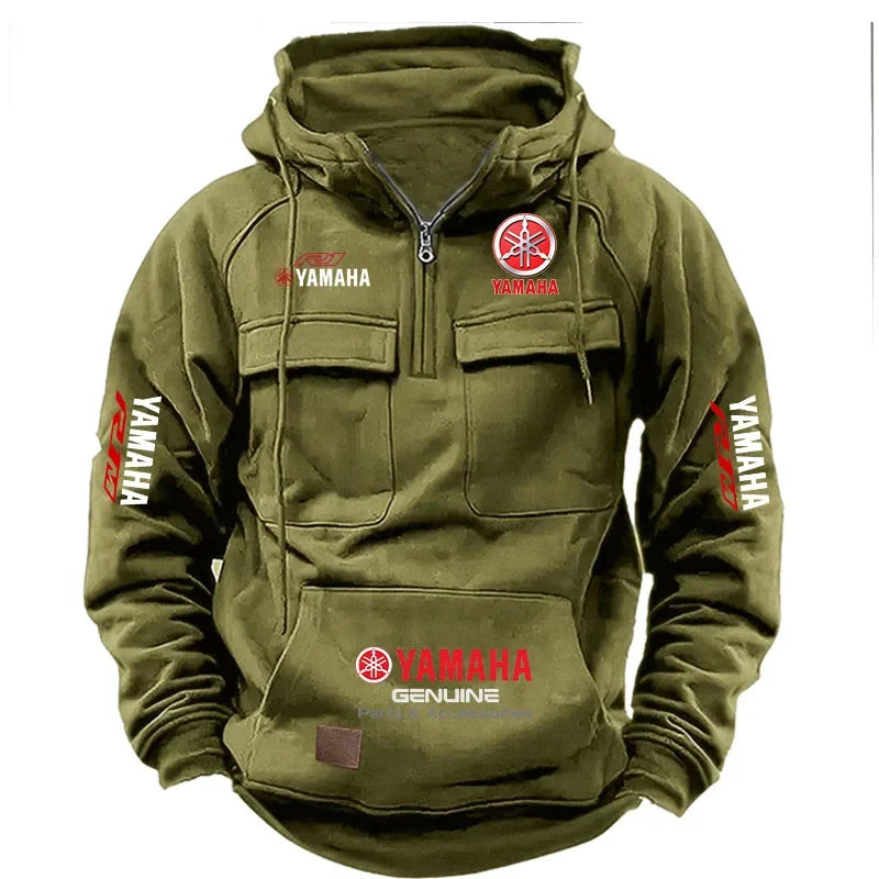 2026 New YAMAHA Logo Men Retro Velvet Half Zip Hoodie Multi Pocket Motorcycle Racing Sweatshirt Autumn Winter Casual Outerwear