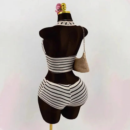 Summer Seaside Beach Vacation Style Knitted Lace up Slim Fit Halterneck Vest Half-Length Shorts Two-Piece Set for Women sexy sty