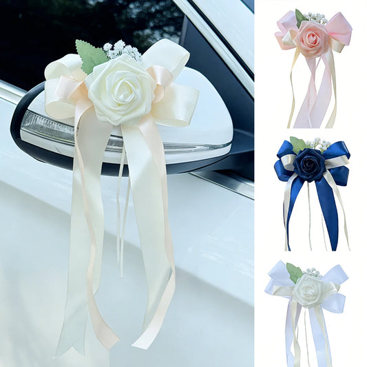 Elegant White Rose Satin Bow Car Mirror Decor, Artificial Flower Wedding Car Decoration for Bridal Vehicle, Wedding Party Suppli