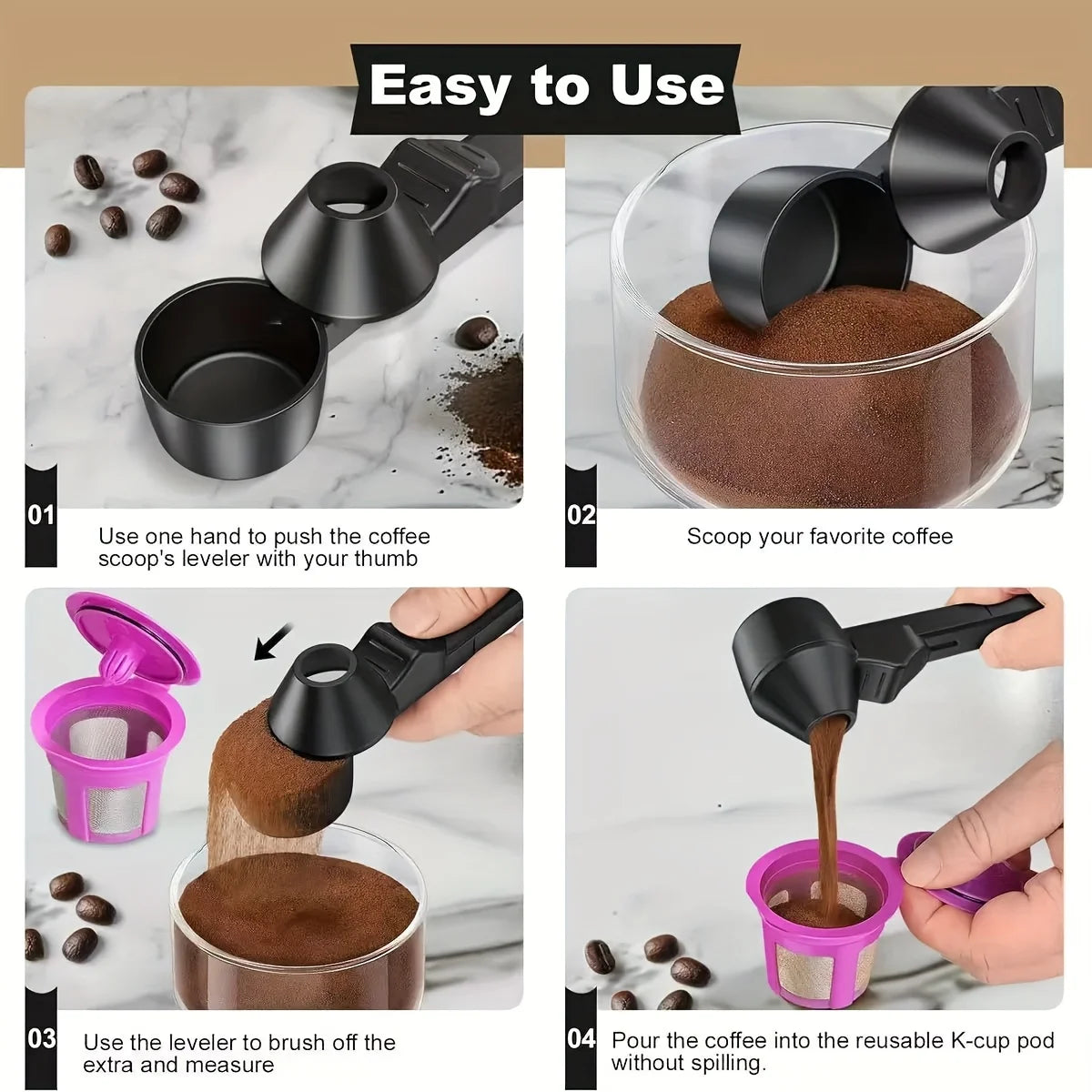Coffee Scoop & Funnel Protein Powder Measuring Spoon Sliding Holder for Reusable K-Cup Refillable Ground Coffee Pod Kitchen Tool