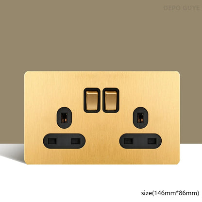 Retro Wall Light Toggle Switch Dual EU FR Socket Gold Stainless Steel Brushed Panel  Vintage Brass Lever For Home Improvement