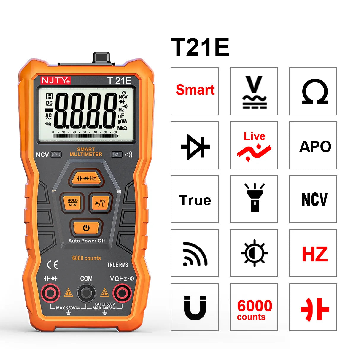 NJTY T21 Professional True RMS Digital Multimeter 6000 Counts True-RMS Auto/ Manual Range AC/DC Voltage Anti-Burn Voltmeter