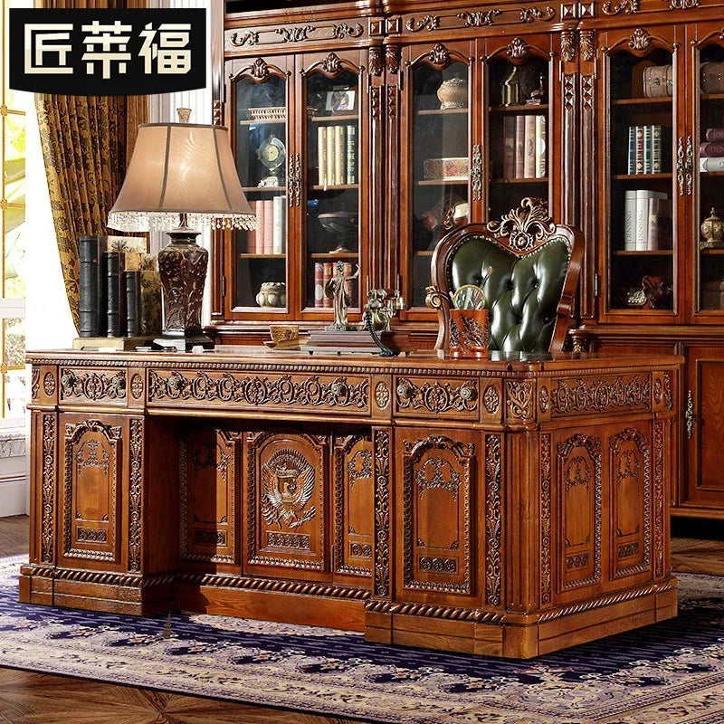 Luxury American Style Solid Wood White Wax Large Desk European President Office Boss Desk