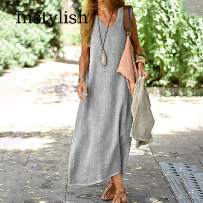 Women's V Neck Sleeveless Linen Dress Loose Solid Color Dress Breathable Lightweight Summer Beach Vacation Casual Cover Up