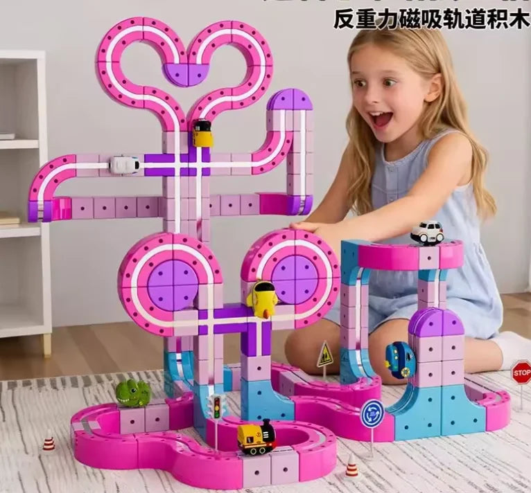 Snap-Together DIY Magnetic Electric Train Anti Gravity Track Set Magnetic Building Blocks Toy For Children Girls Birthday Gift