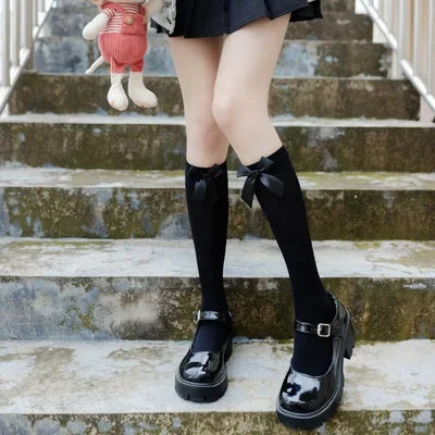 Opaque Bow Knee High Socks New Women Black White Sexy Thigh High Stockings over Knee Long Tights for Girls Ladies