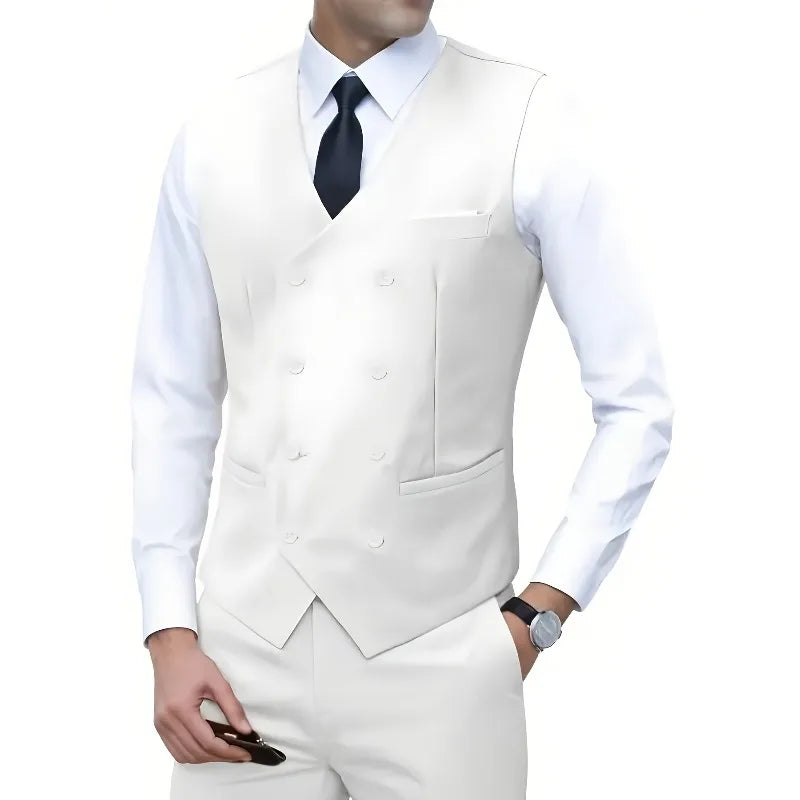 Men Double Breasted Vest British Style Slim Fit Business Formal Waistcoat High Quality Suit Vest Multiple Colors