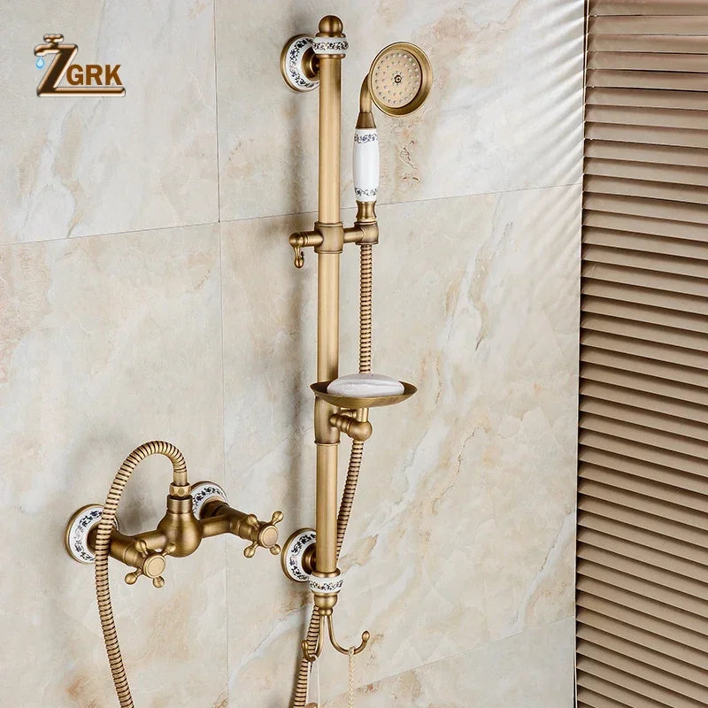 Brass Luxury Bathroom Shower Antique Bronze Finished Wall Mounted Lifting Bathroom Shower Mixer Set Portable Shower