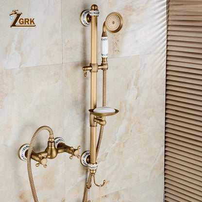 Brass Luxury Bathroom Shower Antique Bronze Finished Wall Mounted Lifting Bathroom Shower Mixer Set Portable Shower