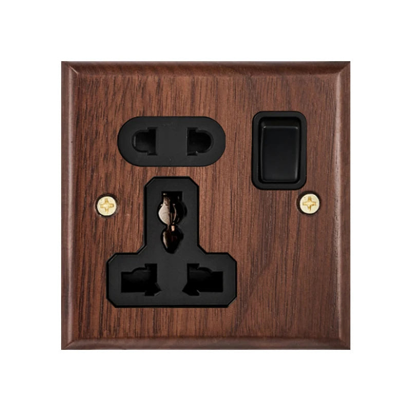 Black walnut wood retro British light switch socket, bedside wall lamp switch LED dimmer, pure wood brass toggle switch board