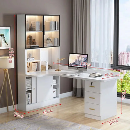 Writing Study Desk Integrated Bookshelf L-Shaped Computer Desk Bookcase Luxury Home Bedroom Office Computer Desk with Drawers