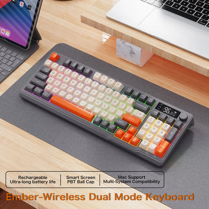 FREEWOLF M96 Wireless Dual Mode Gaming Keyboard with Smart Screen, 96-Key PBT RGB Backlight, Bluetooth, Media Knob, Ergonomics