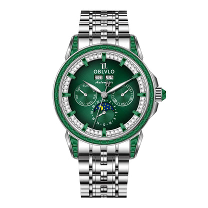OBLVLO Men's Multifunctional Mechanical Watch with Colorful Zircon Moonphase Elegant Rose Gold Bracelet Band GCM-MUT