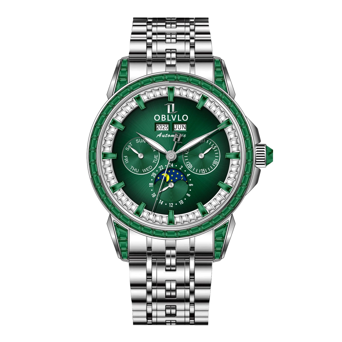OBLVLO Men's Fashion Automatic Watch Colorful Zircon Moonphase Mechanical Multifunctional Black Leather Strap Timepiece GCM-MUT