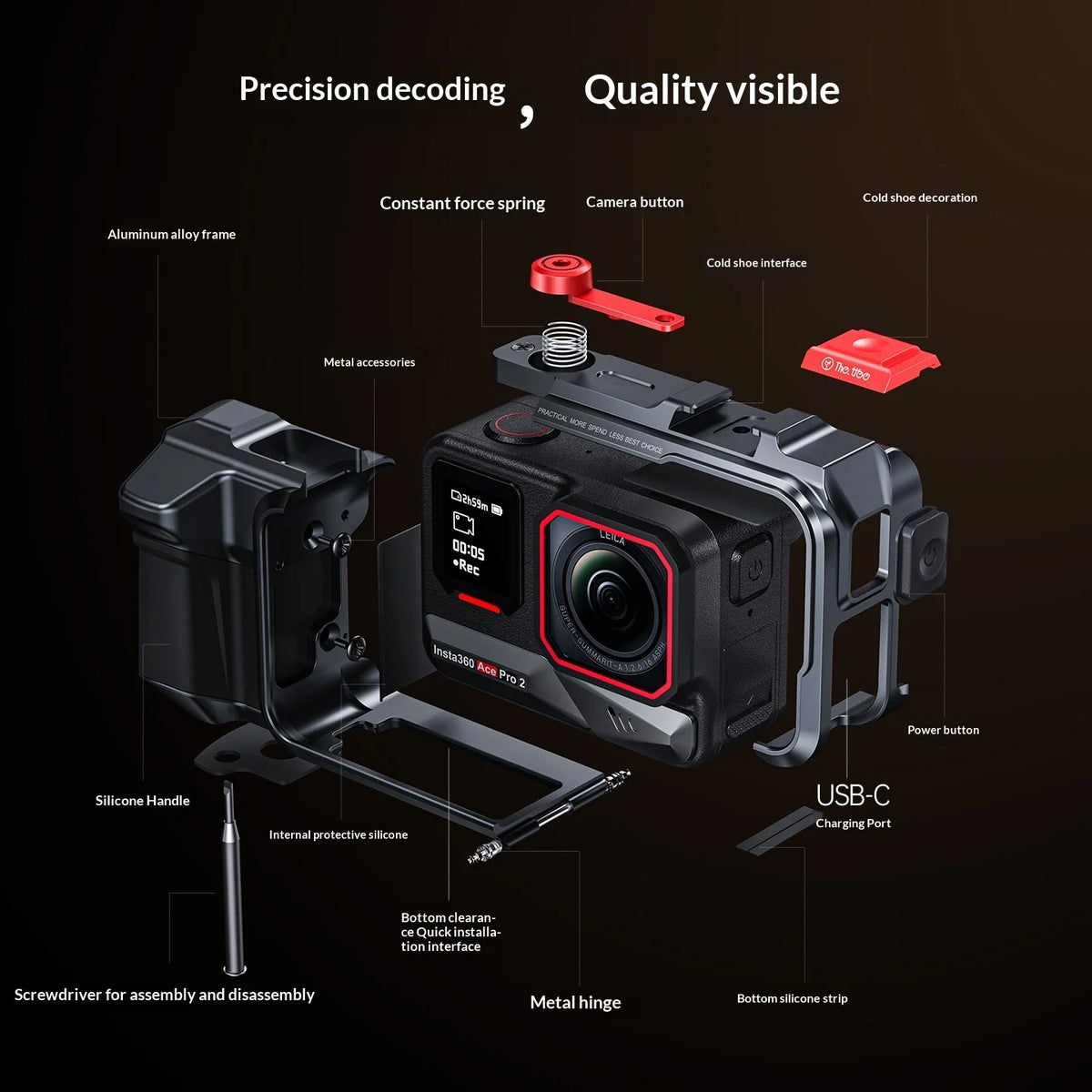 For Insta360 Ace Pro 2 Aluminum Camera Cage Metal Protective Frame with Grip Cold Shoe 1/4 Mount
