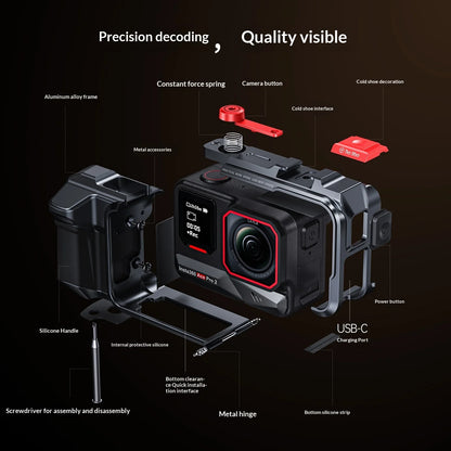 For Insta360 Ace Pro 2 Aluminum Camera Cage Metal Protective Frame with Grip Cold Shoe 1/4 Mount