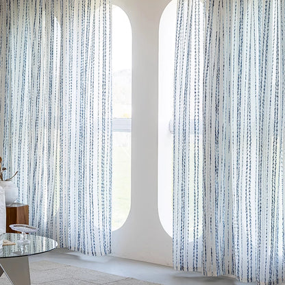 Blue And White Grain Striped Cotton And Linen Curtains, Three-dimensional Texture, Light-transmitting Gauze Curtain