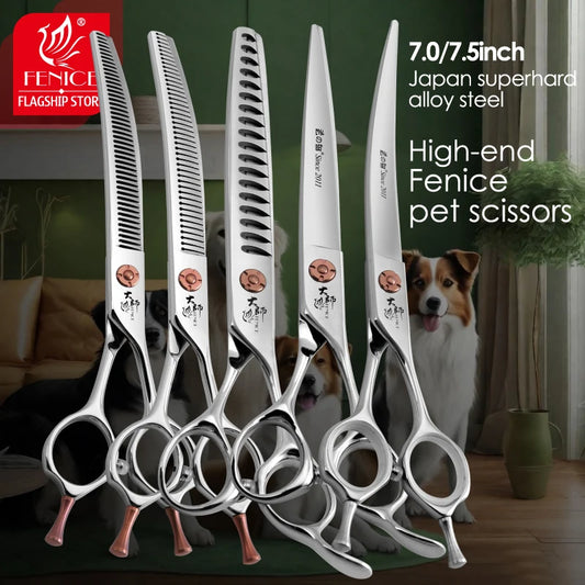 Fenice Japanese Steel 7 Inch Professional Pet Dogs Grooming Scissors Kit Straight&Curved &Thinner&Chunker&Fluffy Shear Scissors
