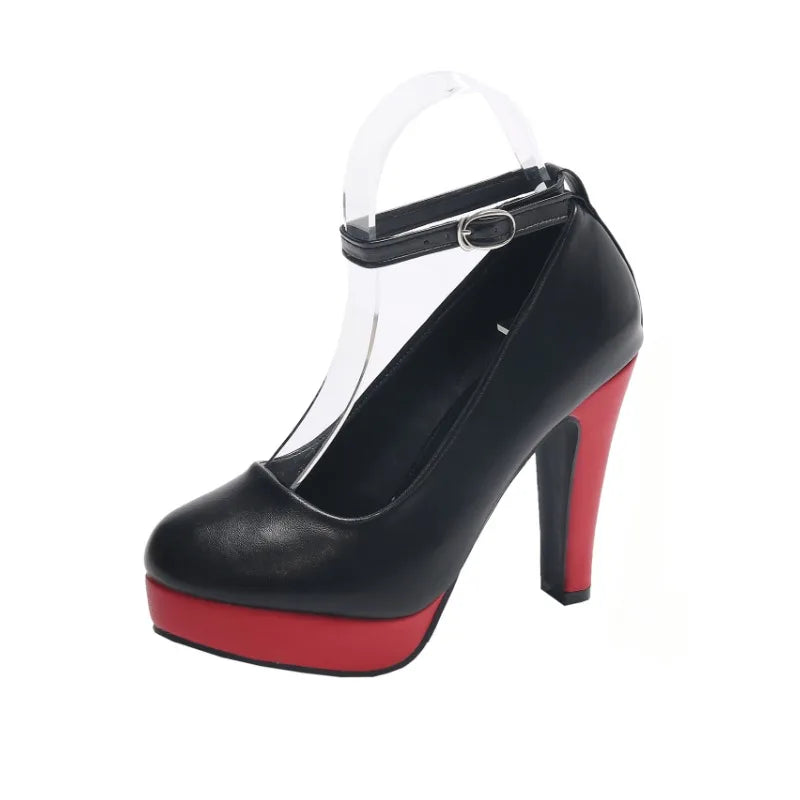 Large Size 42 Sexy Super High Heels Shoes for Women Ankle Buckle Chunky Platform Pumps Woman Black Flock Square Heel Party Shoes
