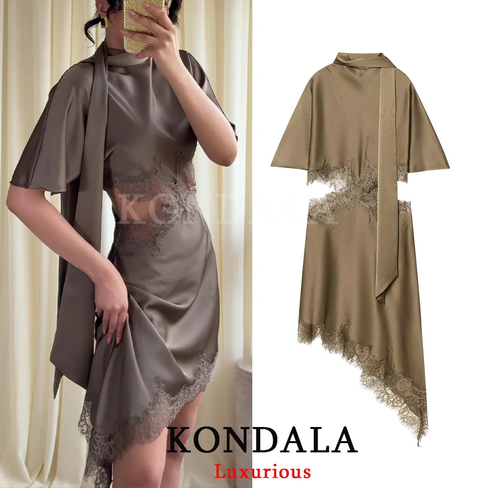 KONDALA Elegant Sexy Chic Women Mini Dress Asymmetrical Scarf Collar Dress Fashion 2026 Spring Summer Holiday Night Out Dress