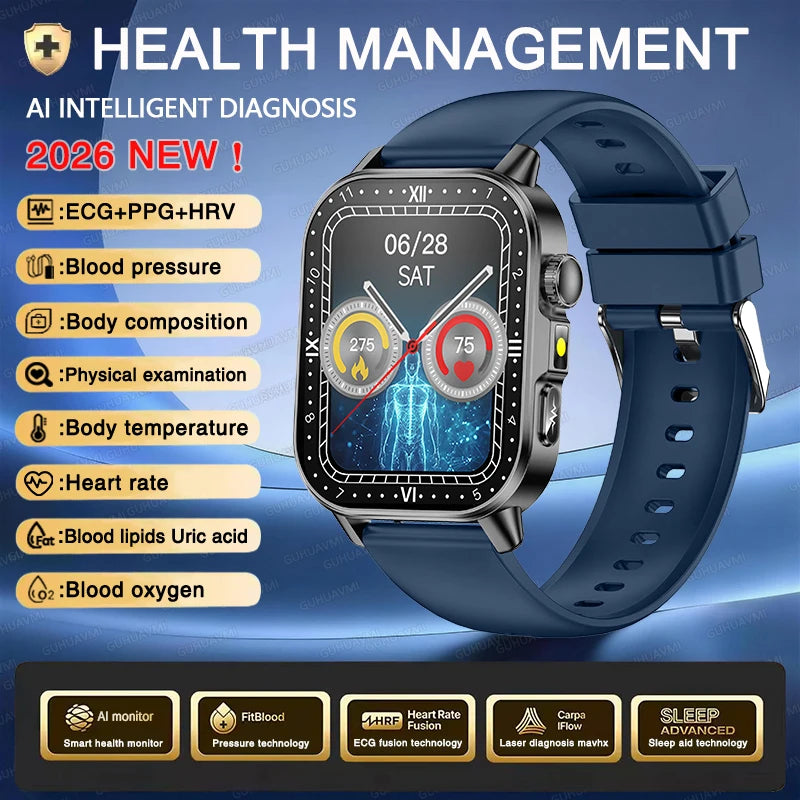 2026 New ECG+PPG Health AI Diagnosis Analysis Smart Watch Blood Lipid Uric Acid Tracker Clock NFC Bluetooth Call Watch Men Women
