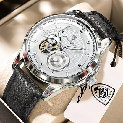 POEDAGAR High Quality Luxury Men Watch Fashion Hollow Tourbillon Man Clock Automatic Mechanical Leather Men's Watches Male Reloj