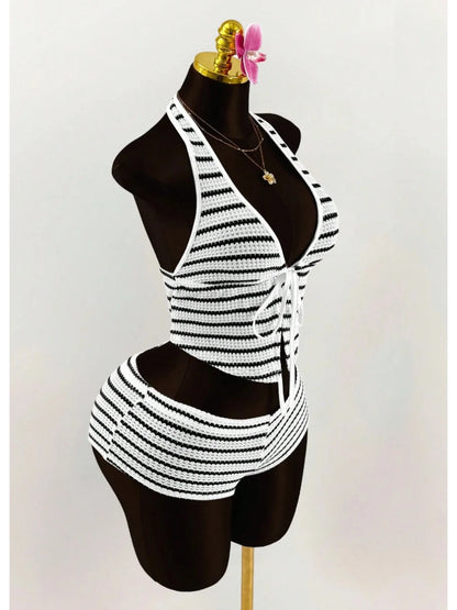 Women's Set Summer Casual Sexy Color Blocked Hanging Neck Sleeveless Tied Top + Color Blocked Elastic Waist Shorts Set