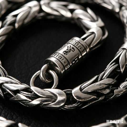 Retro Silver Jewelry 6MM Thick Six-Character Mantra Trendy Personality Men's Necklace Fashion Accessory