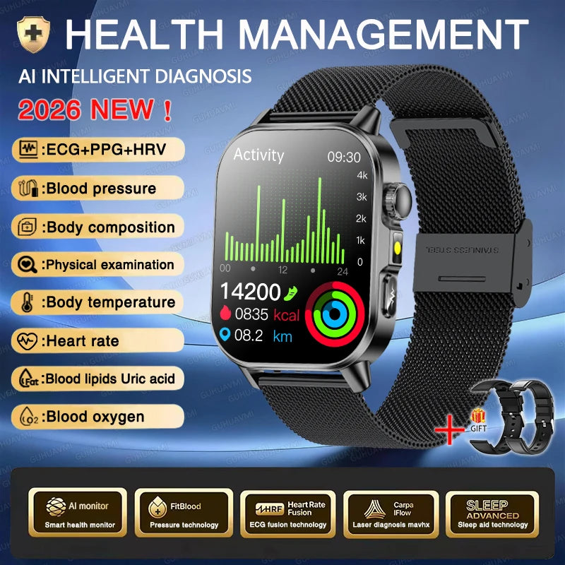 2026 New ECG+PPG Health AI Diagnosis Analysis Smart Watch Blood Lipid Uric Acid Tracker Clock NFC Bluetooth Call Watch Men Women