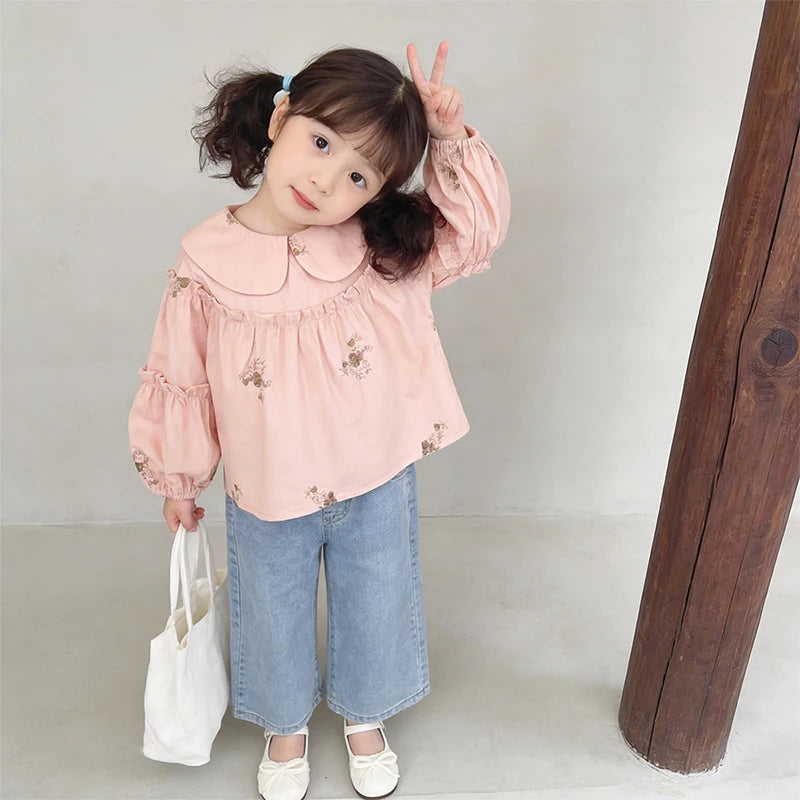 Girls' Shirt 2026 New Children Spring and Autumn Baby Shirt Top Little Girl Western Style Flower Embroidered Shirt