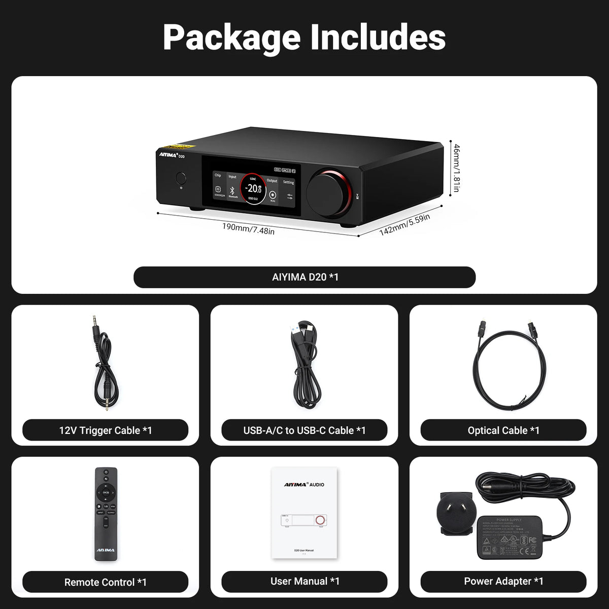 AIYIMA D20 Dual-Chip DAC ES9039Q2M & AK4493S Bluetooth 5.1 ARC USB Coaxial Dual Optical XU316 Fully Balanced HiFi Audio Decoder