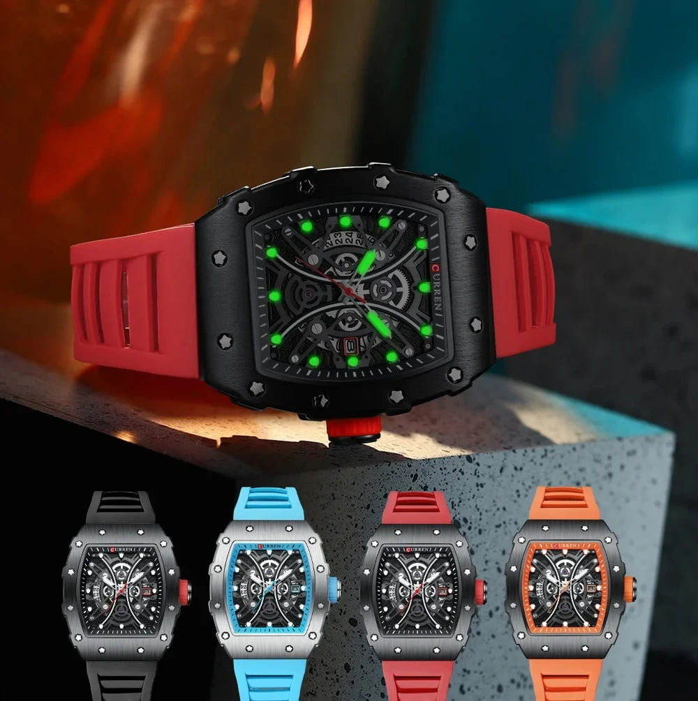 Curren 8438 Luxury Silicone Strap Men's Quartz Wristwatches Waterproof Square Sports Watch with Calendar Function