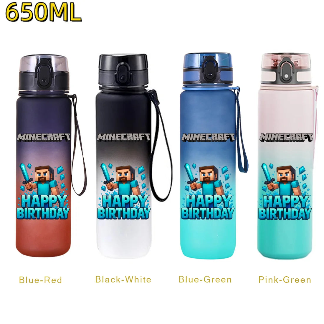 650ML Minecraft Sports Water Bottle LeakProof Plastic Cup Fitness Outdoor Shaker Drink Bottle Travel Office Jugs Birthday Gifts