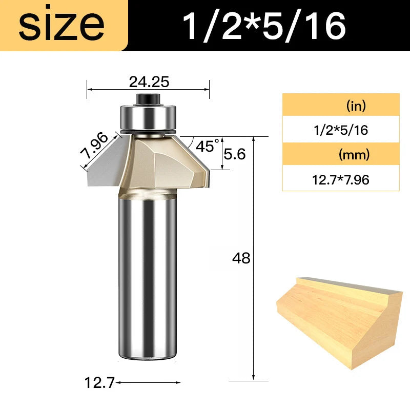 Tideway 45 Deg Bevel Edge Forming Chamfer Router Bits with Bearing Chamfering CNC Wood Cutting Tools Woodworking Milling Cutter