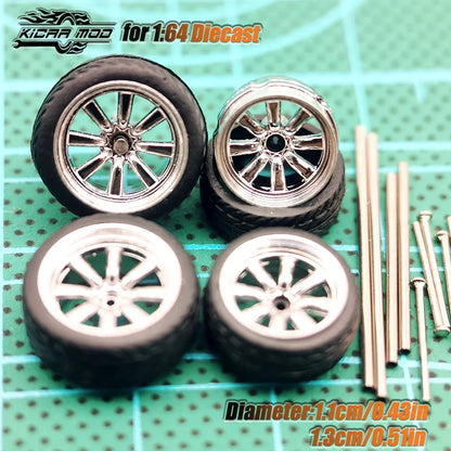Kicarmod 1/64 Model Car ABS Wheels with Rubber Tire Metal Rims Front Small Rear Large Refitting Parts For Model Car