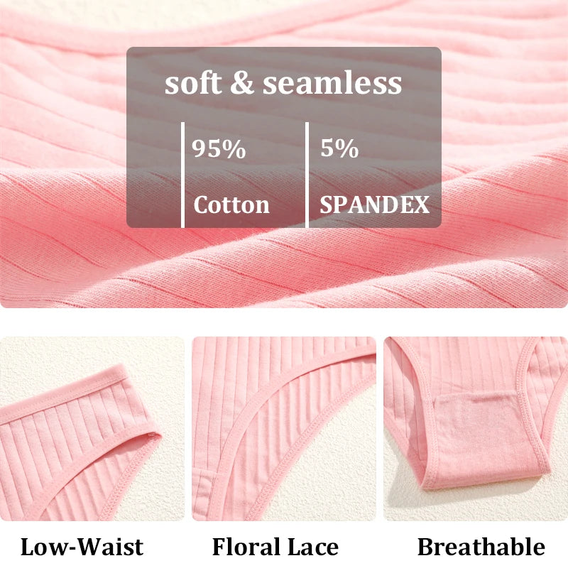 4Pcs/Set Cotton Panties Women Striped Solid Color Briefs Sexy Low-Waist Breathable Underpants Ladies Soft Stretch Lingerie M-XL