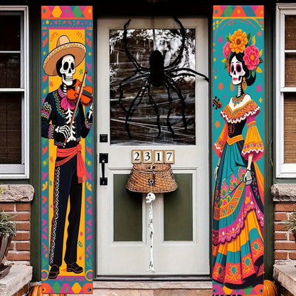 Day Of The Dead Door Banner Set Skeleton Couple Polyester Cloth Dia De Los Muertos Halloween Porch Sign For Indoor Outdoor Decor