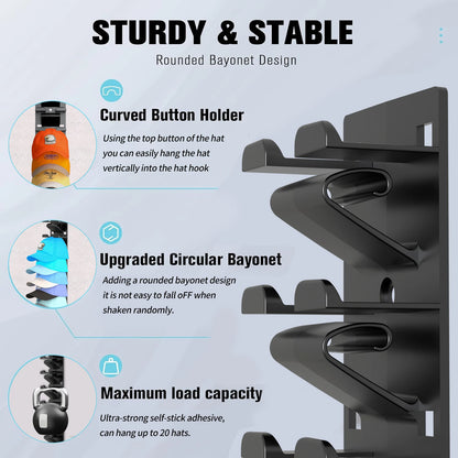 Hat Organizer for Baseball Caps 2Pack, Hat Rack for Wall with Strong Adhesive Hold up to 20 Hats, Hat Hanger Holder Display