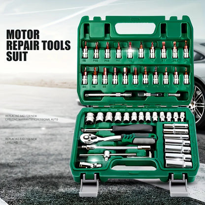 46pcs Set 1/4 Inch Drive Socket Ratchet Wrench Set, With Bit Socket Set Metric And Extension Bar For Auto Repairing