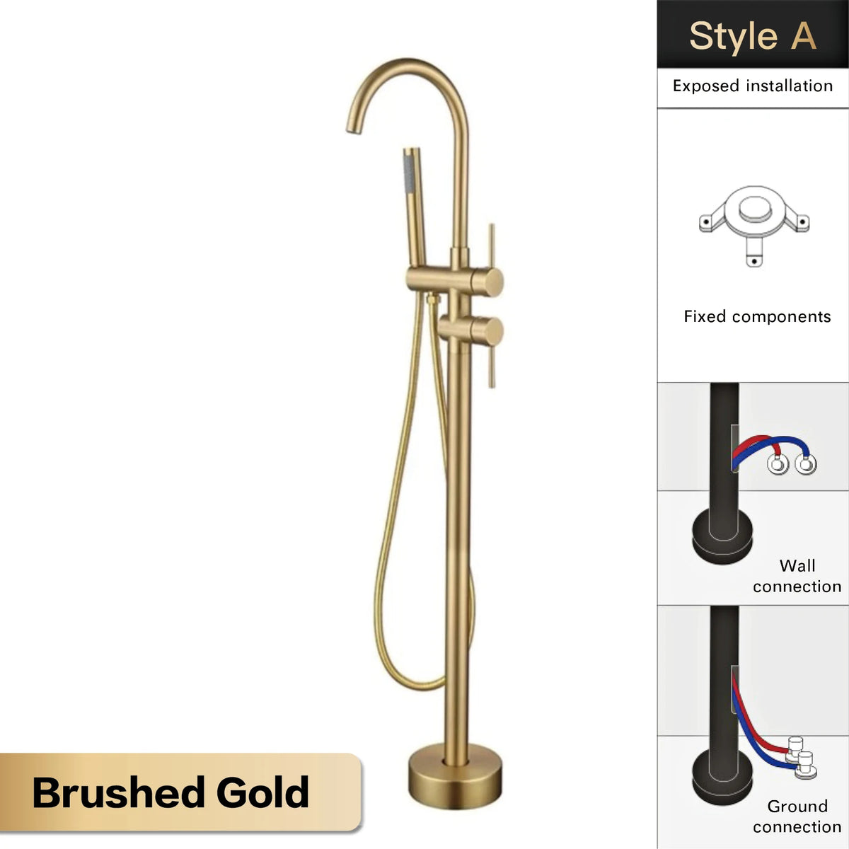 AITANA Luxury Black Brass Bathroom Faucet. Floor Standing Design with Simple 2 Handle Hot and Cold Bathtub and Dual-Mode Faucet