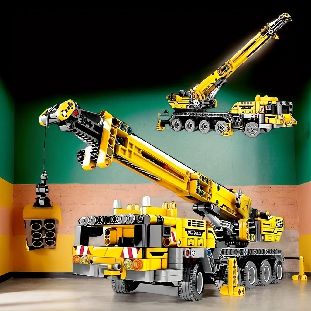 City Series Mechanical Crane Building Block Set, Yellow Engineering Crane Model, Movable, Rotatable, and Liftable, Suitable as a Birthday Gift for Collectors, Christmas or Halloween Gift