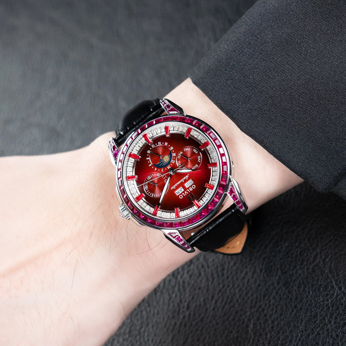 OBLVLO Men's Fashion Automatic Watch Colorful Zircon Moonphase Mechanical Multifunctional Black Leather Strap Timepiece GCM-MUT
