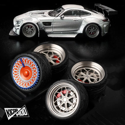 Kicarmod 1/64 10.5mm Alloy Model Wheels with Magnetic Hub Caps-with Rubber Tires for Tomica Custom Diecast Cars