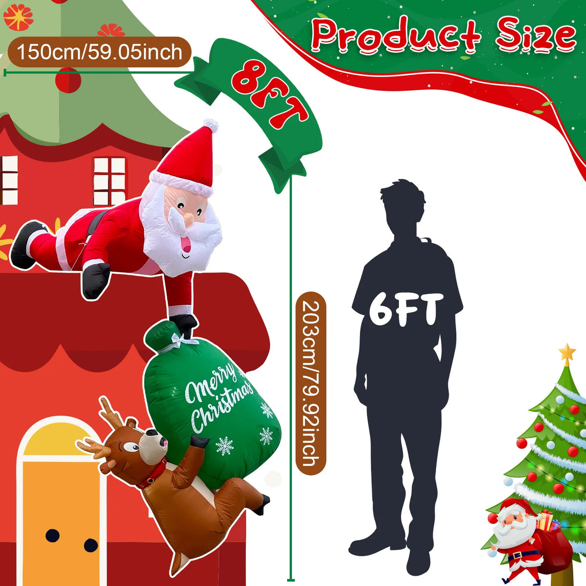 8Ft Inflatable Santa Claus Pulling Reindeer, Suitable for Christmas Parties, Banquets, Patios, Restaurants, and Roof Decorations