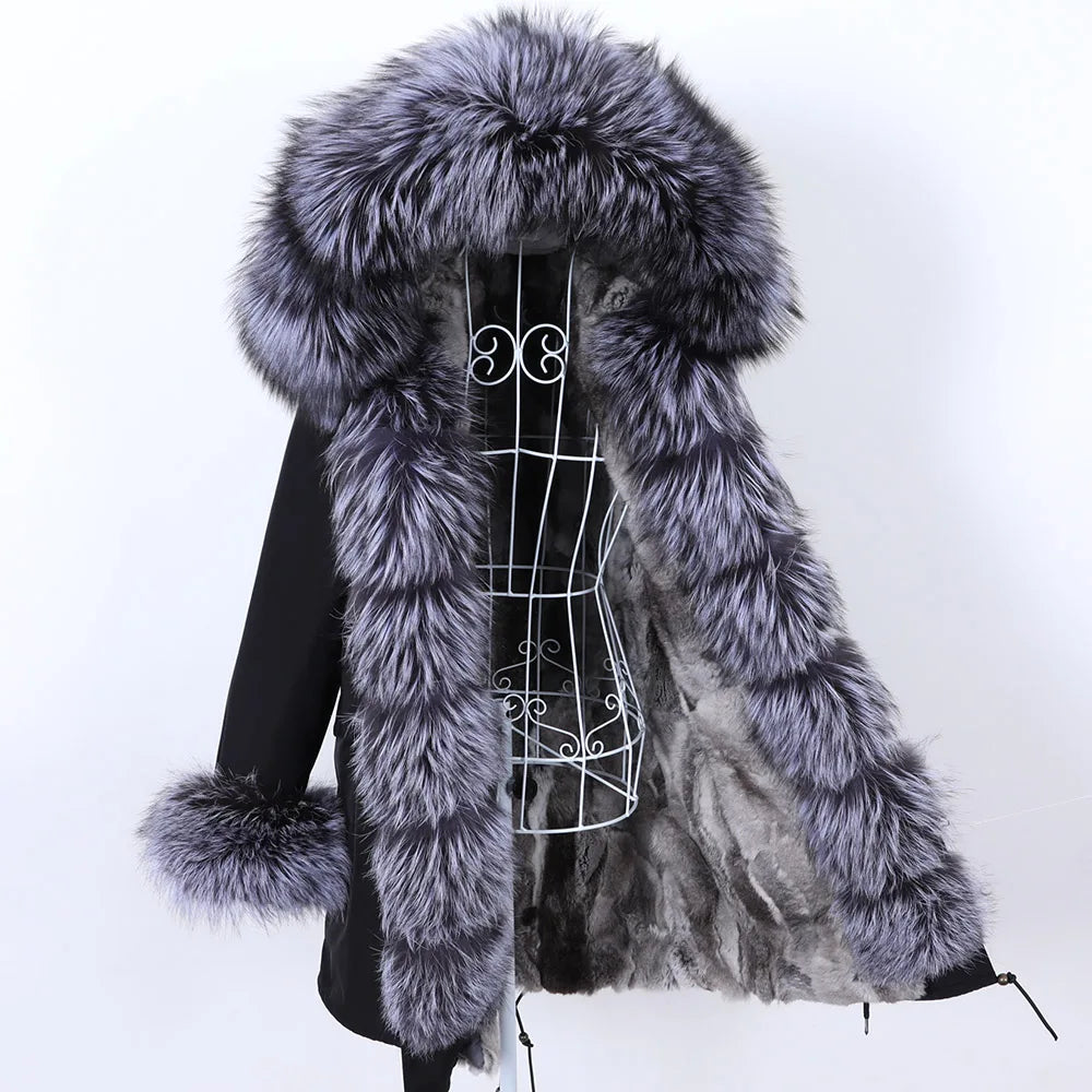 2026 Maomaokong Women's Winter Coats Rabbit Lining Jacket Natural Real Raccoon Fur Collar Parka Fox Fur Long Female Clothing