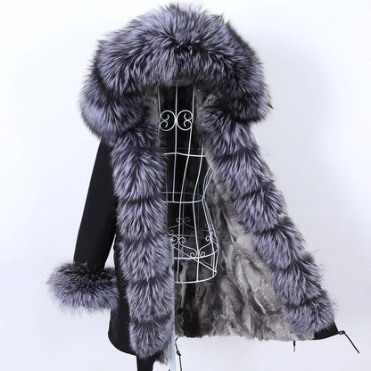 2026 Maomaokong Women's Winter Coats Rabbit Lining Jacket Natural Real Raccoon Fur Collar Parka Fox Fur Long Female Clothing