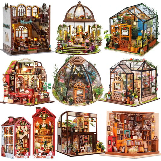DIY Assembly Handmade Cottage 3D Stereoscopic House Book Stand Series Lighting Puzzle Toys Desktop Decoration Model Girls Gifts