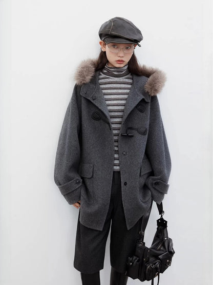 CHIC VEN Women Mid-length Woolen Coat Loose Casual Hooded Double-sided Horn Buckle Female Jacket Overcoat Autumn Winter 2025