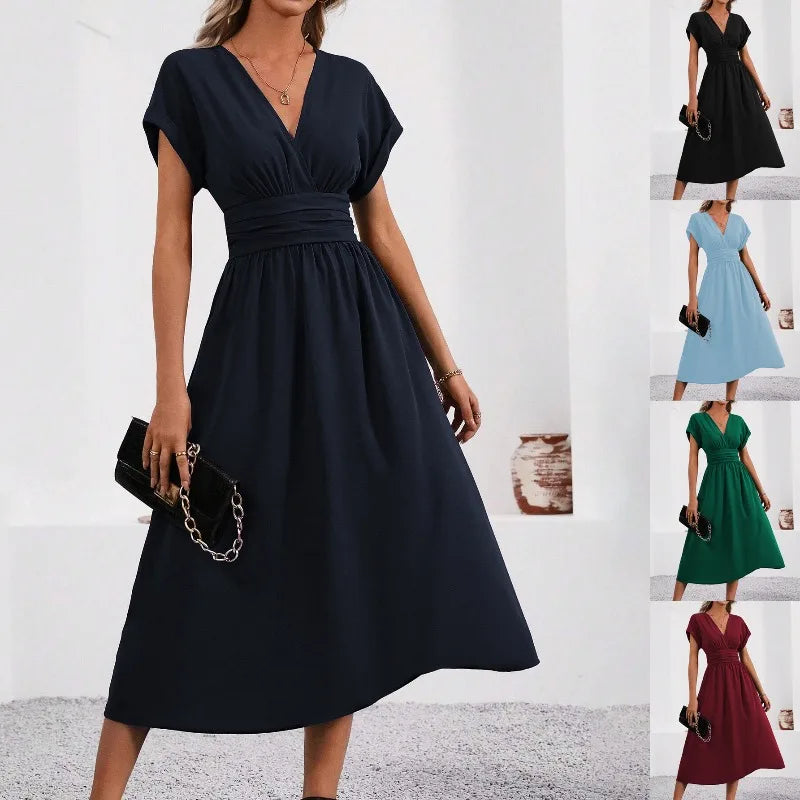 Woman Summer Solid-Color V-Neck Batwing-Sleeve Pleated Long Elegant Dress Woman Clothing Tops Skirts Y2k Clothes