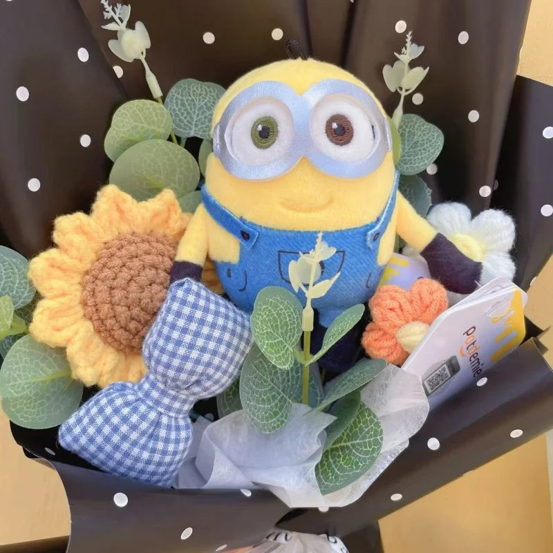 Genuine Amine Minions Plush Dolls With Sunflowers Roses Creative Bouquets Christmas Birthday Graduation Valentine Gifts